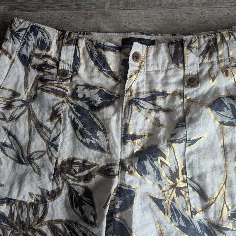 J.Crew Metallic Gold Foil Botanical Linen Garden Ankle Pants | Size 4